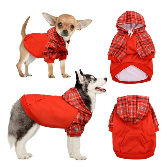QBLEEV Etra Warm Fleece Lined Dog Coat for Small Medium Dogs, British Style Plaid Dog Hoodie with Leash Hole for Cold Weather/Winter/Christmas, Dog Apparel