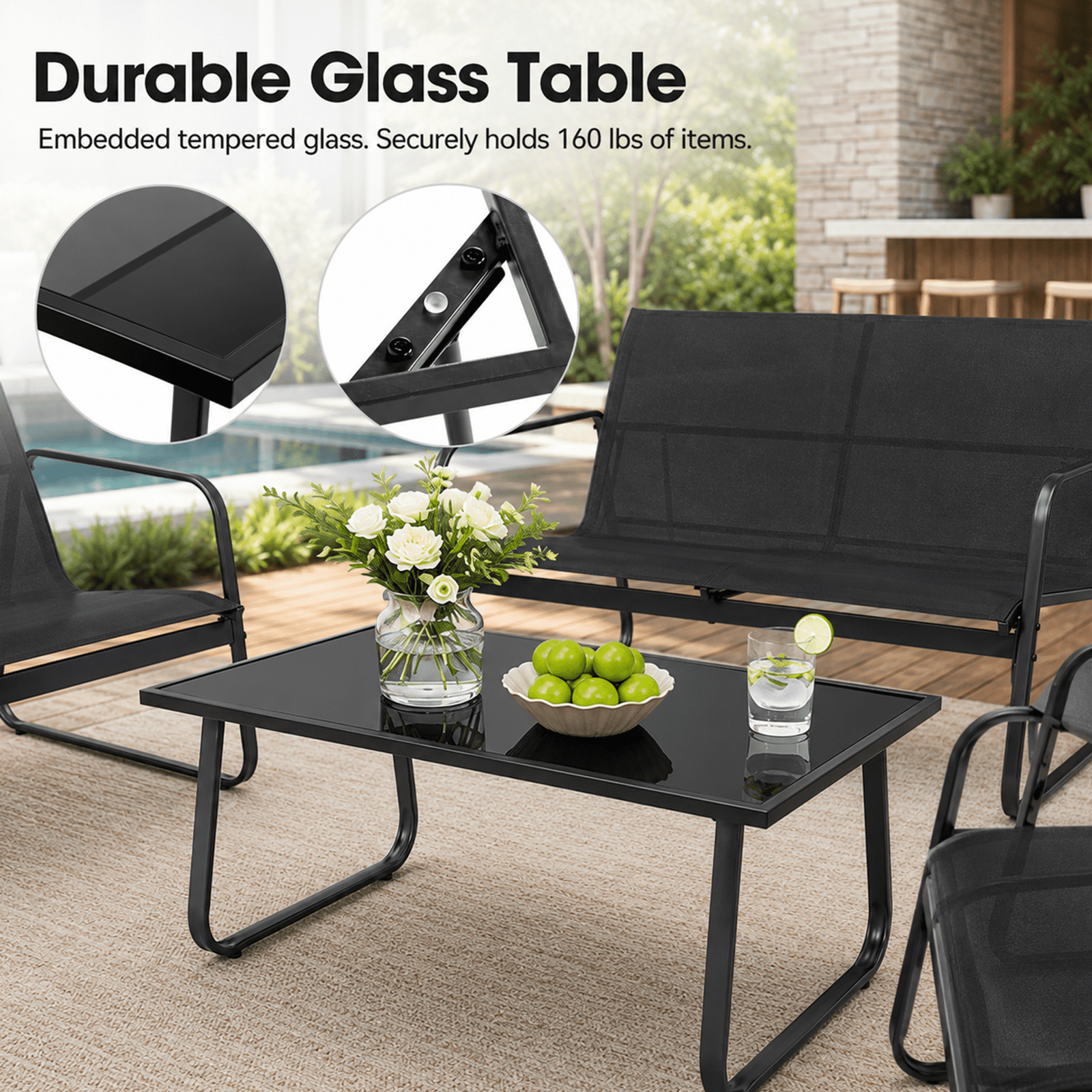 Alvantor 4-Piece Patio Conversation Set with Glass Table, Loveseat, and Chairs
