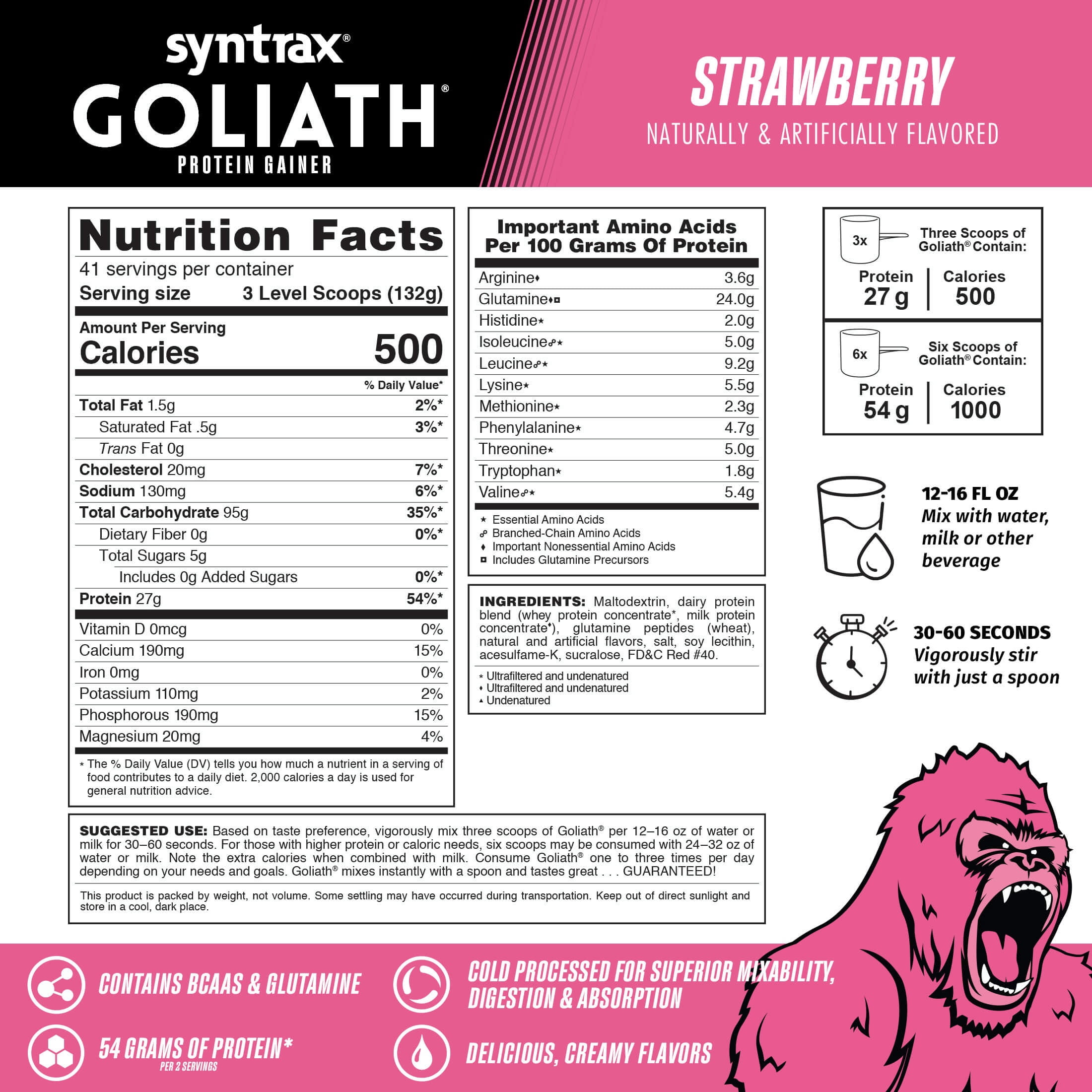Syntrax Goliath Mass Gainer Protein Powder, Undenatured Whey & Micellar Casein, Strawberry, 12 lb
