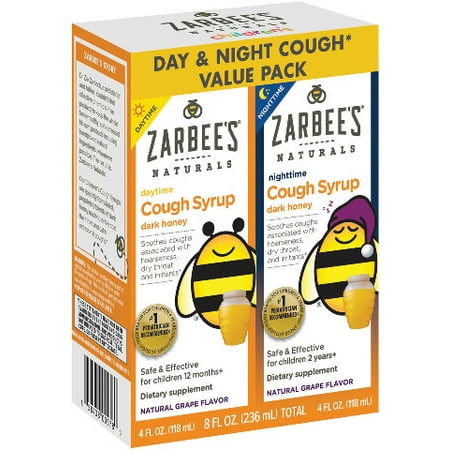 Zarbee's Naturals Children's Cough Syrup with Dark Honey Daytime & Nighttime, Natural Grape Flavor, 8 Fl. Ounces Total (Value Pack of (Best Daytime Cough Medicine)