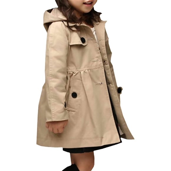 Betusline Little Girls Khaki Hooded Trench Coat Button Up Jacket Hoodie, Khaki, 2-3 T = Tag 100
