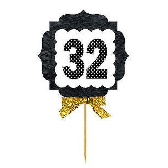 32nd Birthday / Anniversary Gold Ribbon Hand Crafted Novelty Cupcake Decoration Toppers / Picks -12ct