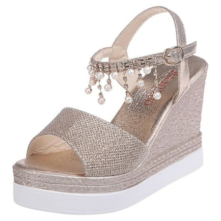 

Ediodpoh Women Ladies Fashion Wedges Platforms Pearl High Heels Shoes Sandals Comfortable Sandals for Women Gold 8.5(40)