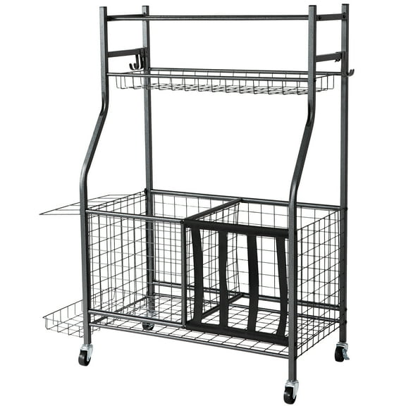 KFFKFF Sports Gear Storage Unit, Mobile Ball Organizing Cart with Baskets & Hooks, Versatile Rack for Indoor/Outdoor Sports Items, Toys, Durable Steel Construction, Black