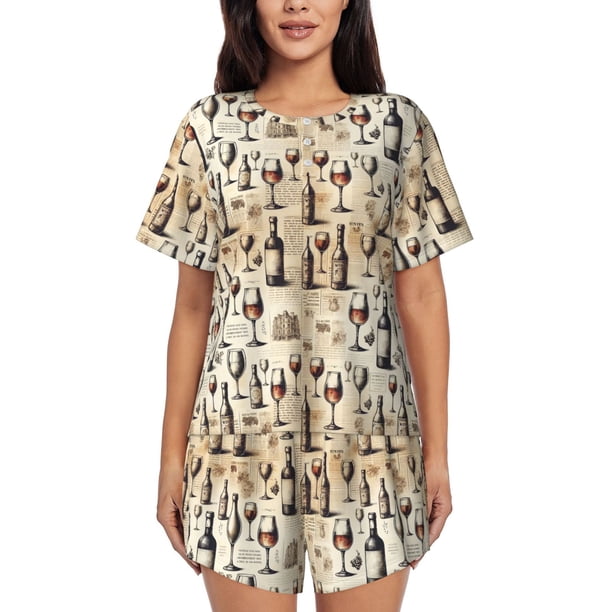 Fotbe Wine 1 Conjunto de Pijama Estampado para Mujer, 2 Piezas, Ropa de Dormir con Camiseta de Manga Corta y Shorts Suaves-4X-Large