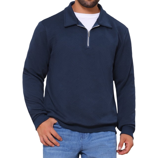 SUDADERA DE PULLOVER DE MANGA LARGA CON CREMALLERA CUARTO INSPIRADA EN CHIC PARA HOMBRE, TAMAÑO 2XL, AZUL OSCURO, CON PATRONES GEOMÉTRICOS TEJIDOS
