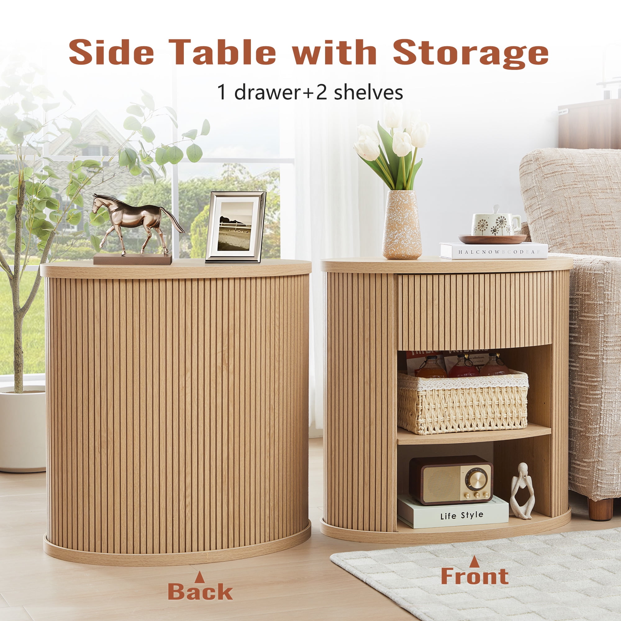YOCWO Oval Nightstand with 1 Drawer and Adjustable Shelf for Bedroom with Carved Line Design, Round End tables for Living Room, Natural