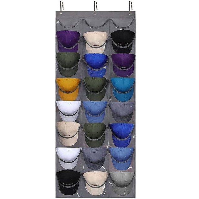 Perchero con 24 bolsillos profundos - Organizador de sombreros - Perchero para gorras de béisbol, soporte visible para sombreros - Perchero para puerta de pared con 3 ganchos