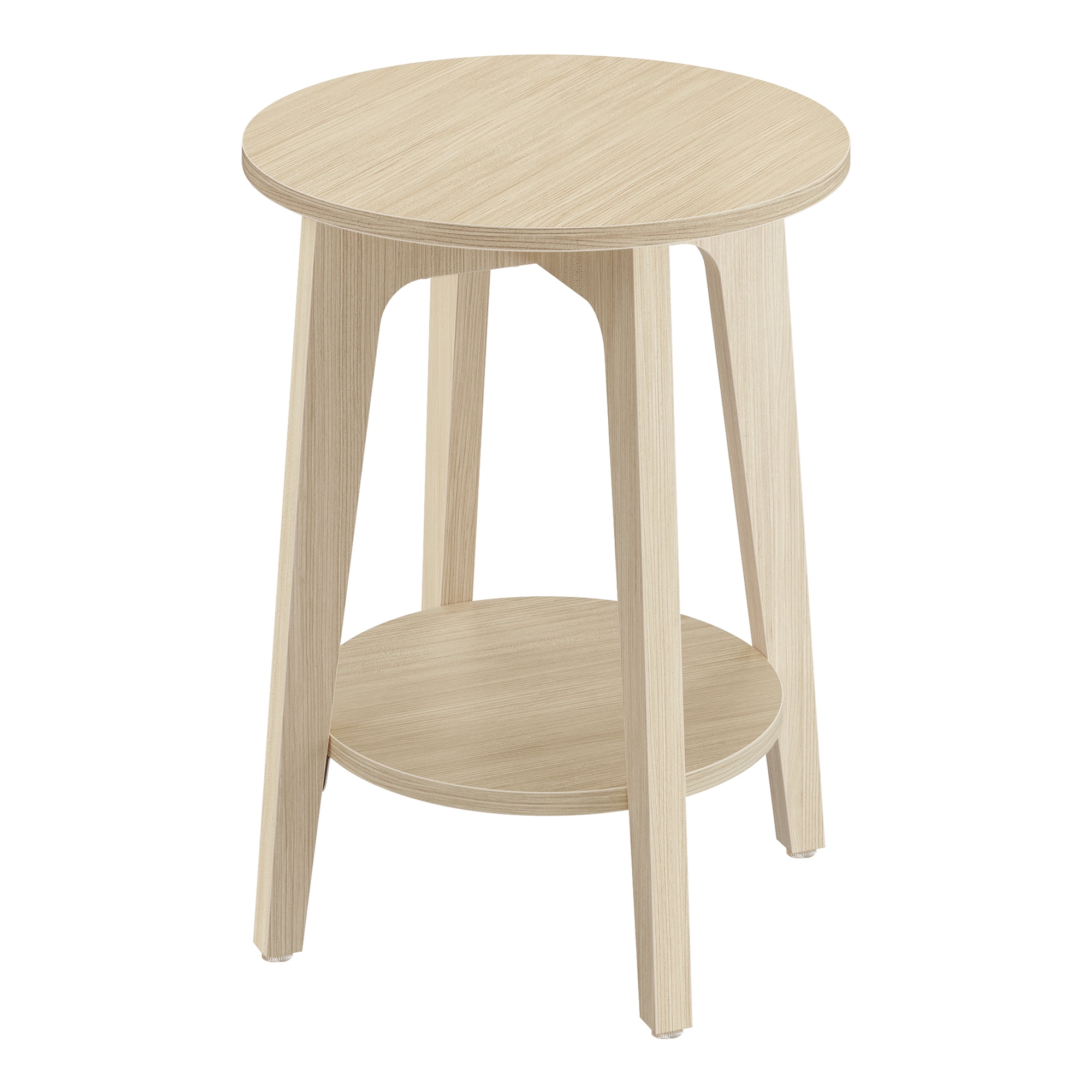 Natural Beige Small Round End Table. Features a Lower Shelf, Perfect as a Nightstand for Small Spaces in Living Rooms or Bedrooms.