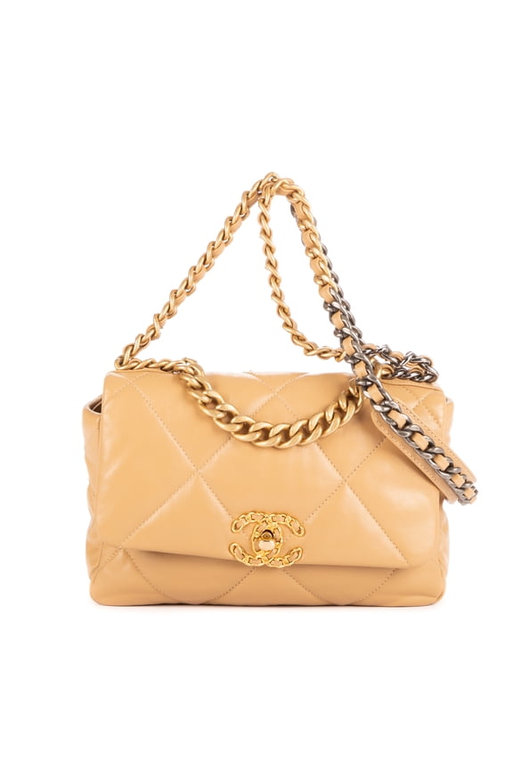 Pre-Owned Chanel Cream Classic 19 Flap Small Shoulder Bag Lambskin Quilted Leather