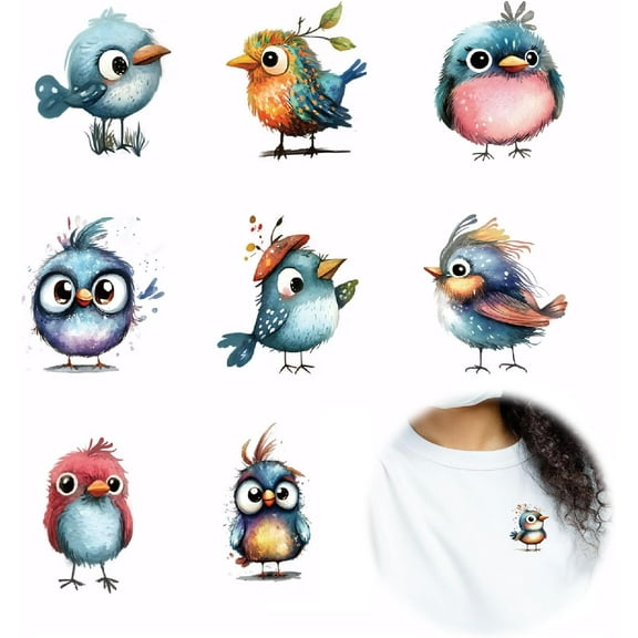 9 Styles Cute Bird Iron On Transfers Cartoon Heat Transfer Decals for T Shirts Stickers Clothing Heat Transfer Stickers for Girl's T-Shirt Canvas Bags Hats Jackets DIY Crafts Colorful DIY