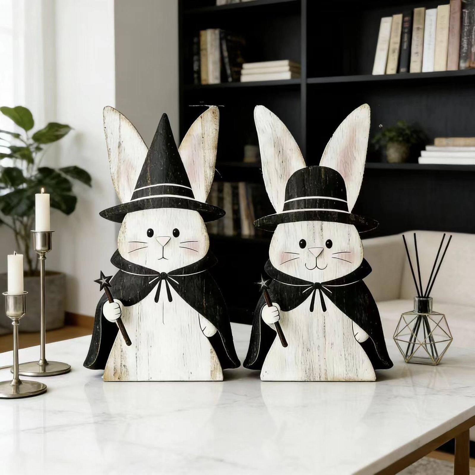 ERTZAE Wooden Bunny Decor,Farmhouse Bunny Decor,Rabbit Figurines Bunny Table Centerpiece,Bunny Home Decor,Set of 2 Wooden Easter Bunny Figures 7Inch,Whimsical Couple Ornaments for Table Centerpiece