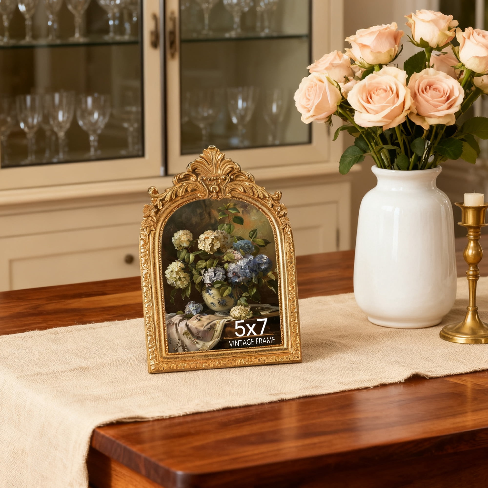 GARITIN 5x7 Picture Frame, Vintage Gold Tabletop Photo Frame with Glass Front for Home, Desk, Living Room, and Bedroom Decor