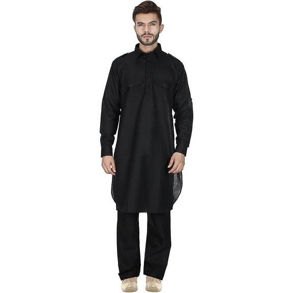 Black Cotton Blended Pathani Kurta And Pyjama For Men By Royal Kurta