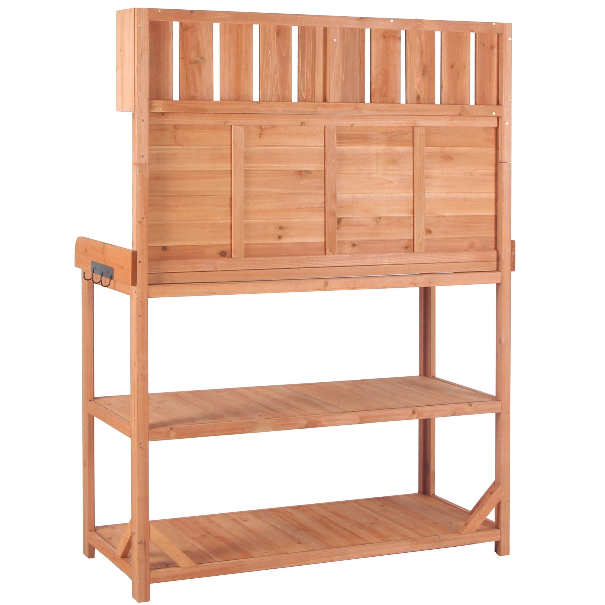 Sailvan 65" Farmhouse Wooden Outdoor Potting Bench Table,Large Patio Kitchen Island Garden Workstation with 4 Shelves and Hooks,Fir Wood Natural