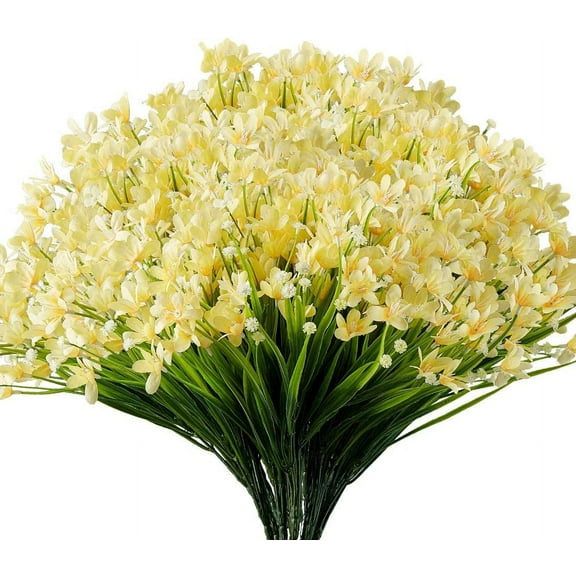 Morttic 8 Bundles Artificial Daffodils Flowers, Fake Artificial Greenery UV Resistant No Fade Faux Plastic Plants for Wedding Bridle Bouquet Outdoor Home Garden Office Table Vase Decor (Yellow)