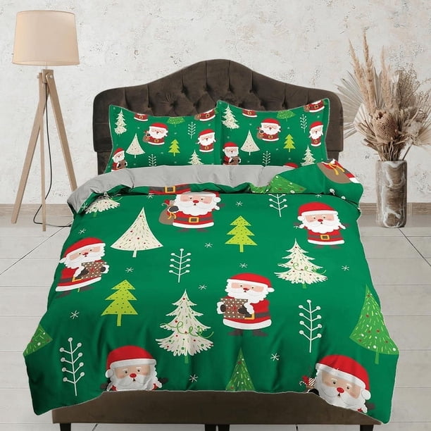 Santa claus verde juego de funda nórdica navidad tamaño completo ropa de cama y funda de almohada,