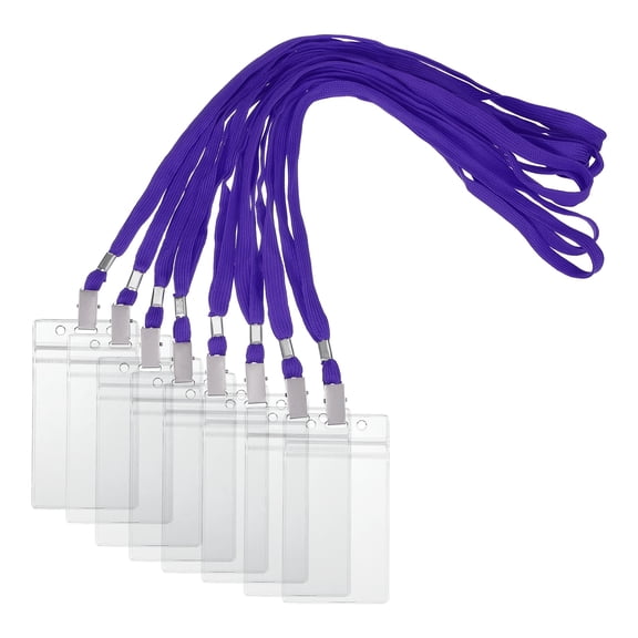 Uxcell 30 Set Name Tag Holders with Lanyard, Plastic Waterproof Badge Holder with Alligator Clip Lanyards for ID Badges Office Teacher Events Meetings, Purple(3x2 Inch)