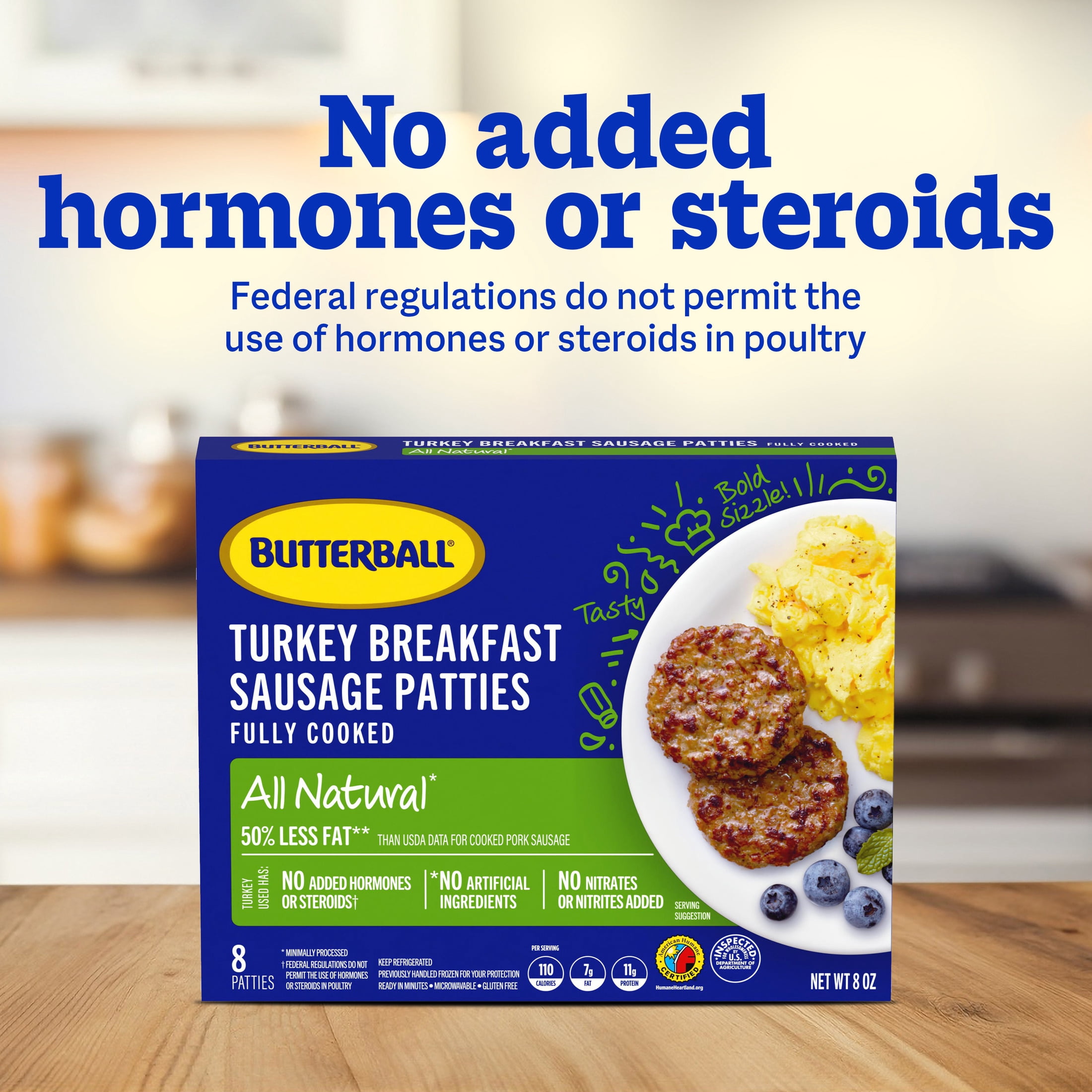 Butterball All Natural Fully Cooked Turkey Breakfast Sausage Patties, 8 Patties