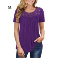 thumbnail image 1 of Femmes T-shirt Plissée Tunique Haut Col Rond Courte Plissée Chemisier Manches Dentelle Blouse, Violet, M, 1 of 5
