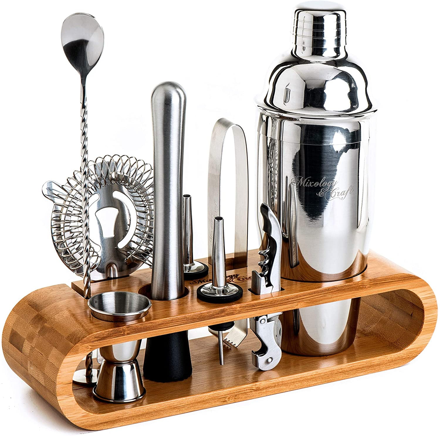 6 Piece Stainless Steel Cocktail Bar Set With Martini Shaker And Wooden Stand 