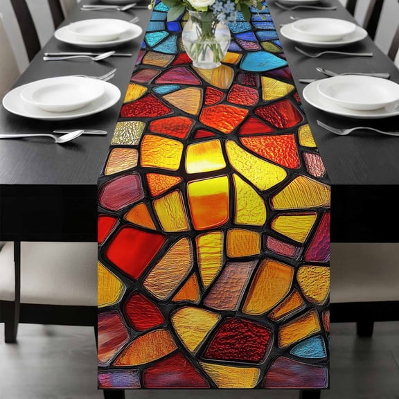 Blue Red Yellow Table Runner 72 Inches Long, Modern Colored Rainbow Stained Glass Kitchen Coffee Dining Table Decoration for Home Party Birthday Wedding Home Decor 18x72 Inches