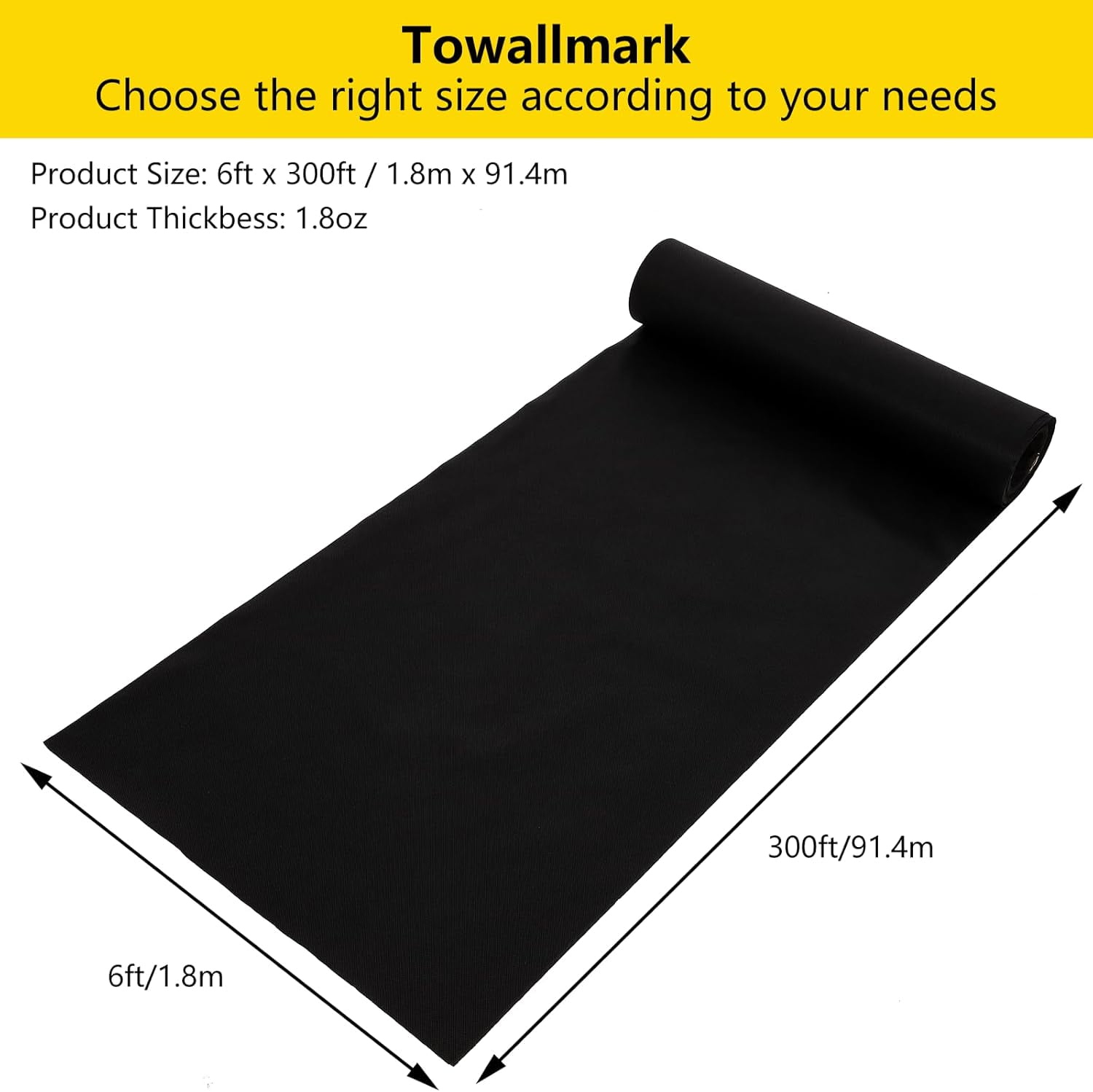 6ft x 300ft Weed Barrier Landscape Fabric 1.8oz, Premium Non-Woven Ground Cover Weed Block Gardening Mat, for Erosion Control, Weed Block, Ground Cover