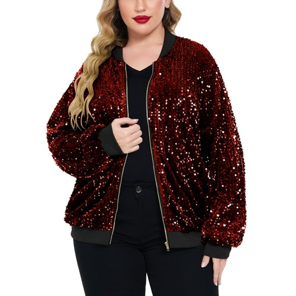 IN'VOLAND Womens Sequin Jacket Plus Size Sparkle Long Sleeve Jackets Front Zip Loose Casual Blazer Bomber Jacket with Pockets
