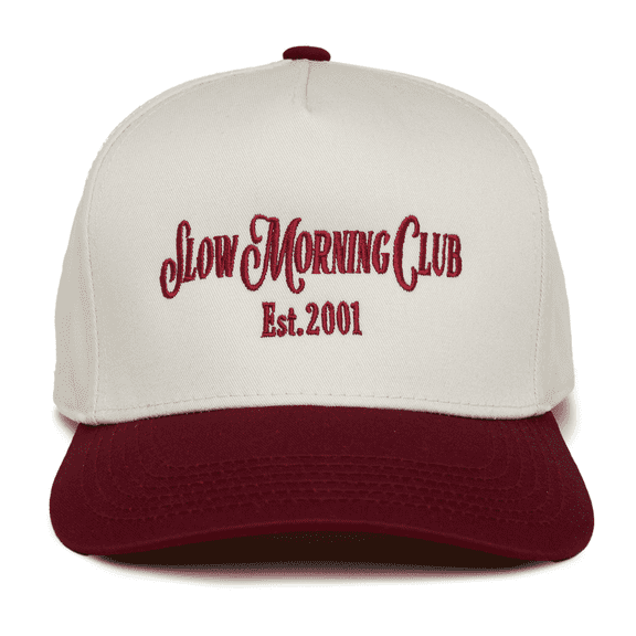 Funky Junque Two Tone Vintage Snapback Trucker Hat - Slow Morning Club - Burgundy/Beige