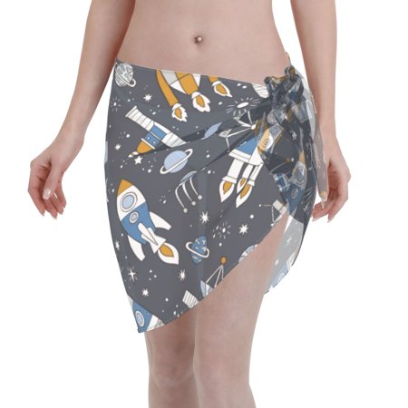 Adobk Women Beach Sarong Bathing Suit Space Cars Print Wrap Skirt Sheer Bikini Swimsuit Cover Ups For Swimwear