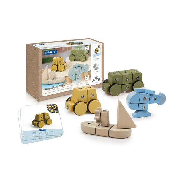 Guidecraft Guidecraft Snap Block Vehicles - 32 pc. set: Wooden Pretend Play Early Education Learning Toy for Kids, Block Play Building Set for Toddlers