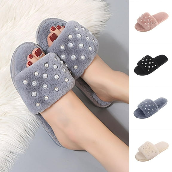Xfvqtps Fuzzy Slippers for Women House Bedroom Shoes Pearl Open Toe Slide Comfy Fall Winte Slipper Gray