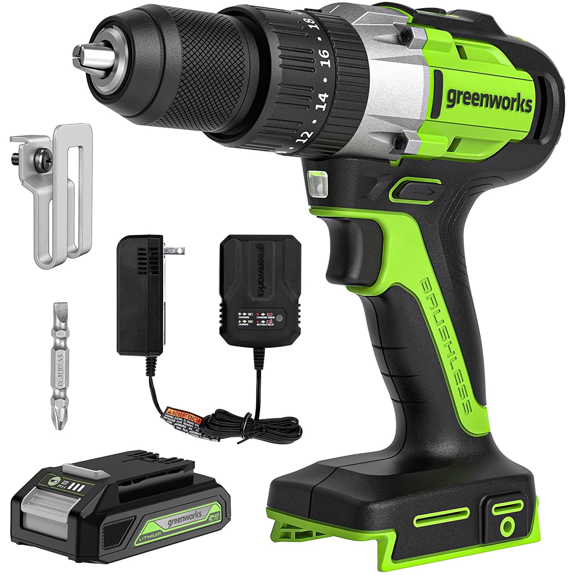 Greenworks 24V 1/2" Cordless Brushless Hammer Drill Kit + 2Ah Battery & Charger 3706602