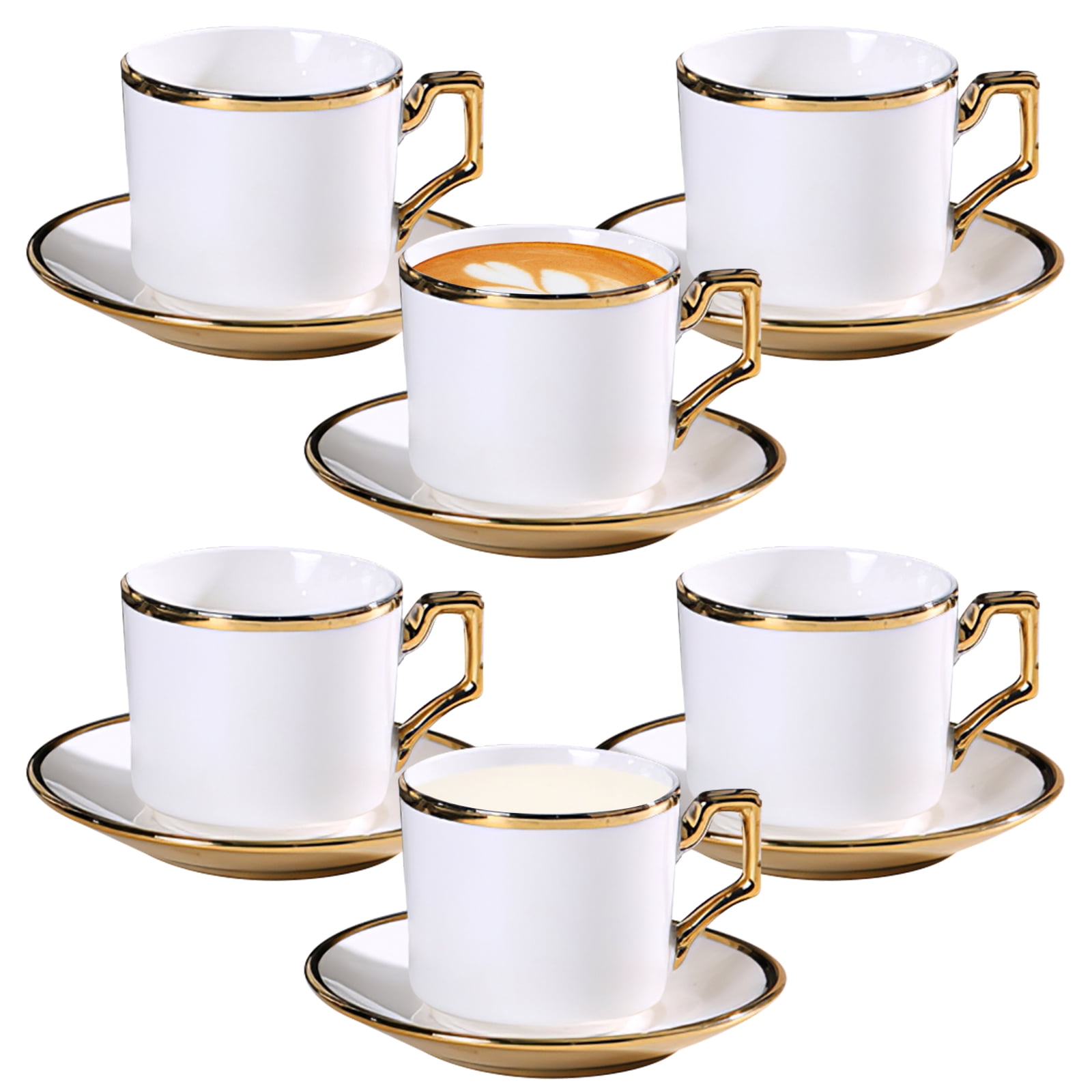 6 Pack Coffee Cup Set - 3oz Ceramic Demitasse Cups with Saucers, Gold-Plated Rim, for Espresso & Turkish Coffee,White