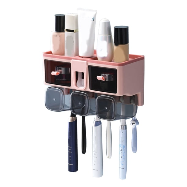 Estante para cepillos de dientes, sin perforaciones, montado en la pared, portavasos para enjuague bucal, estante de almacenamiento para inodoro, rosa, 3 tazas