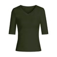 thumbnail image 3 of Uootdi Basic Tops for Women Curved V Neck Mid Sleeve Side Ruched Waist Plain Slim Knit Womens Tees Slim Fit Daily Wear Stretchy Casual Tank Tops for Women, 3 of 8