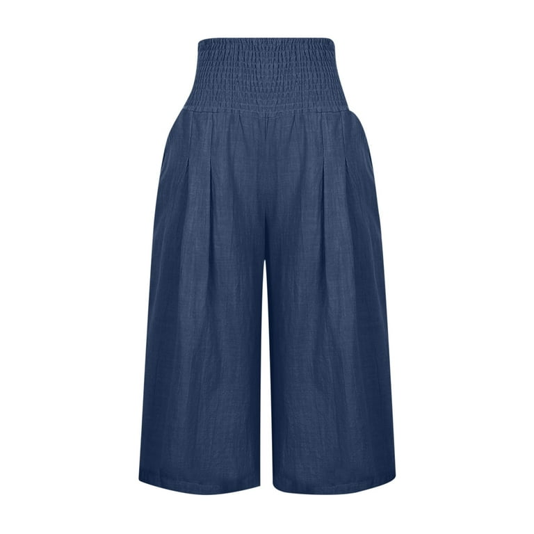 Boho Capri Pants for Women Cotton Linen Smocked High Waist Wide Leg Lounge  Capris Summer Casual Loose Solid Color (3X-Large, Navy) 