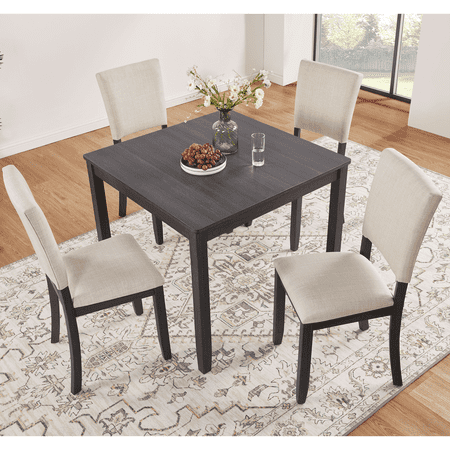 Lovableguy Wooden Farmhouse Dining Table Set for 4 5-Piece Kitchen Table & Dining Chairs Set with Linen Upholstered Seats for Living Room Kitchen Antique Black + Beige