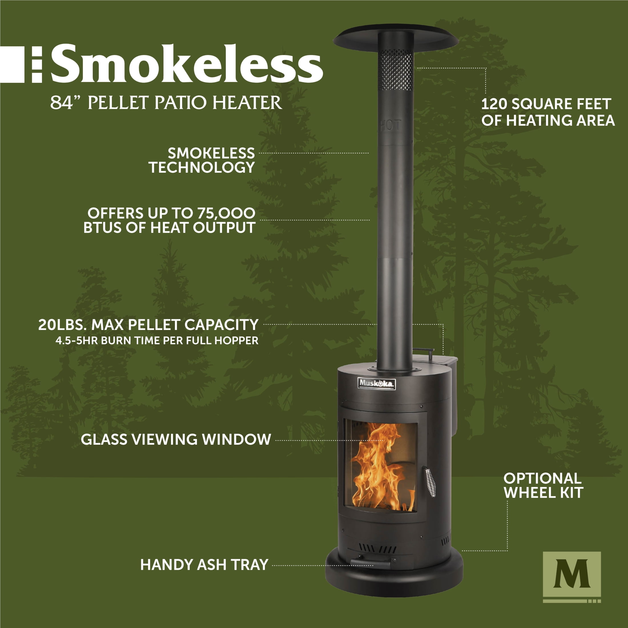 Muskoka 84" High 75,000 BTU Black Steel Wood Pellet Patio Heater