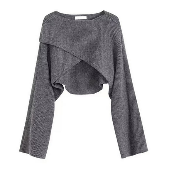 Fgnfyis Women Short Knit Sweater Long Sleeve Solid Round Neck Irregular Hem Loose Pullover Grey One Size