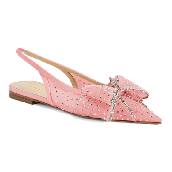 XYD Women Layered Bowknot Crystal Studs Flats Pointed Toe Elastic Slingback Shoes Gorgeous Prom Bridal Sandals Size 7 Pink