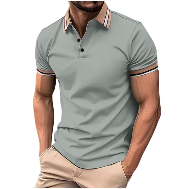 Mens Manga Corta Botón Abajo Camisas Patchwork Fallow Patrón Cuello Redondo Deportes Top para Diario