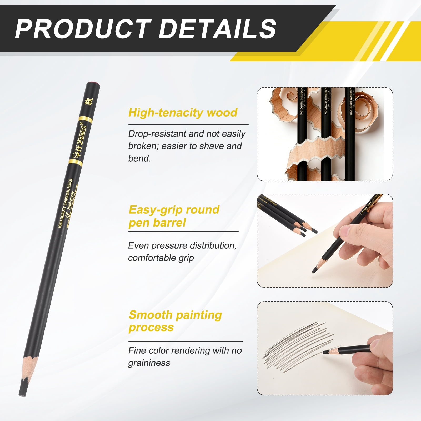 Uxcell Soft Charcoal Pencils for Drawing, 24Pcs Professional Charcoal Pencils Art Supplies Set Oily Black Break-Resistant for Sketching Artists Beginners Shading Blending