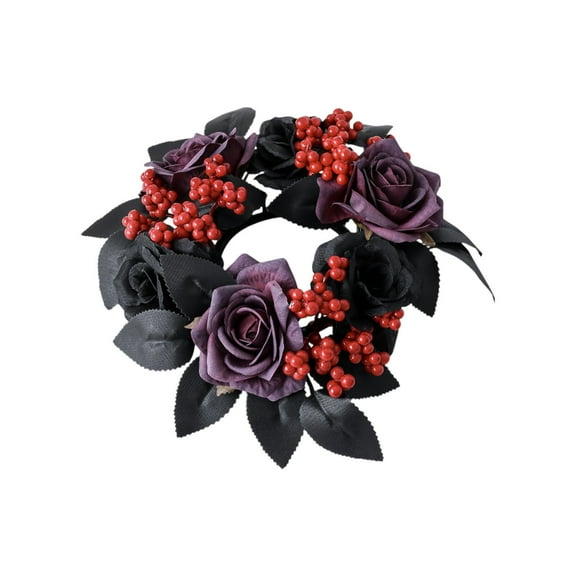 Candle Rings Wreaths 8.66inch Black Red Artificial Maple Leaf Rose Candle Holder Wreaths Garland for Halloween Party Home Table Centerpieces Decorations