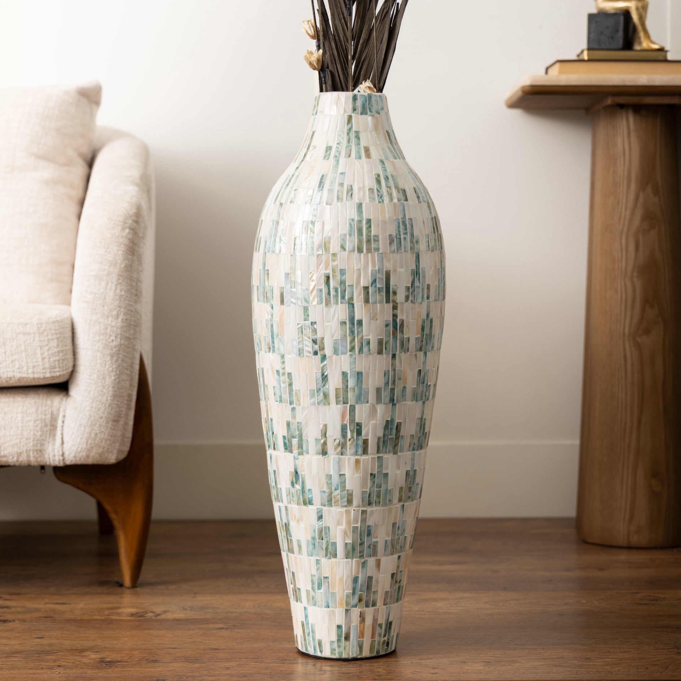 DecMode 28" Handmade Mosaic Inspired White Mother of Pearl Shell Vase with Pastel Blue and Pink Accents