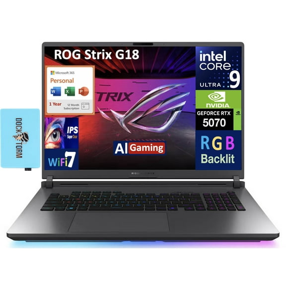 ASUS ROG Strix AI Gaming Laptop 18in 240Hz IPS WQXGA Display (Intel Ultra 9- 275HX, NVIDIA GeForce RTX 5070 8GB, 32GB DDR5, 4TB PCIe SSD, Win 11 Pro) w/Microsoft 365 Personal , DKZ USB Port Expander