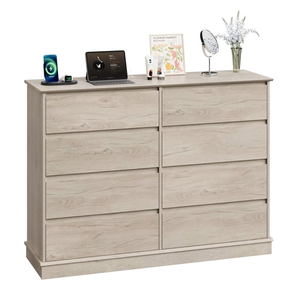 8 Drawer Wooden Dresser with Deep Drawers, Large Horizontal Chest for Bedroom Closet Living Room - Oak