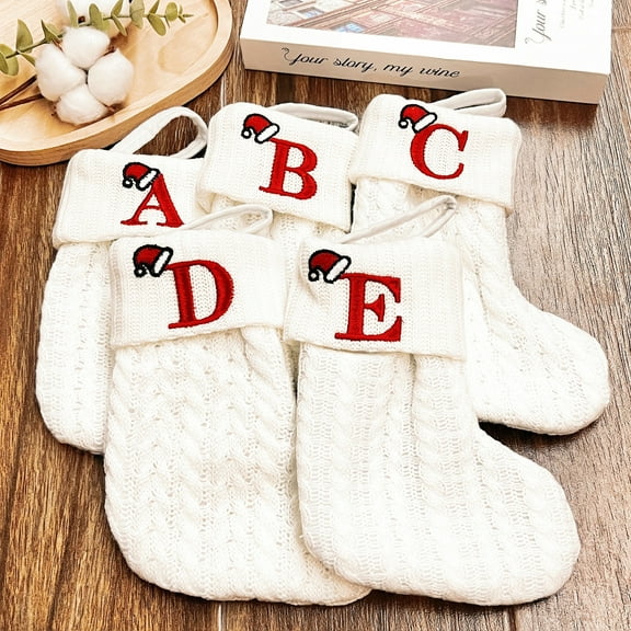 Vorkoi Christmas Stockings with Initials, Embroidered Letter Knit Red White Christmas Stocking, Holiday and Family StockinDg for Fireplace Christmas Holiday Party Decoration