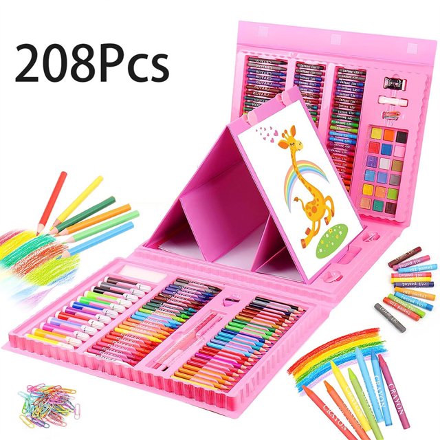 Estbridg Art Supplies 208 Pieces Girls Boys Teen Artist Drawing Art Kit Arts and Crafts Gift Art Set Box with Reversible Tri-Fold Easel A4 Paper Coloring Book Oil Pastels Crayons
