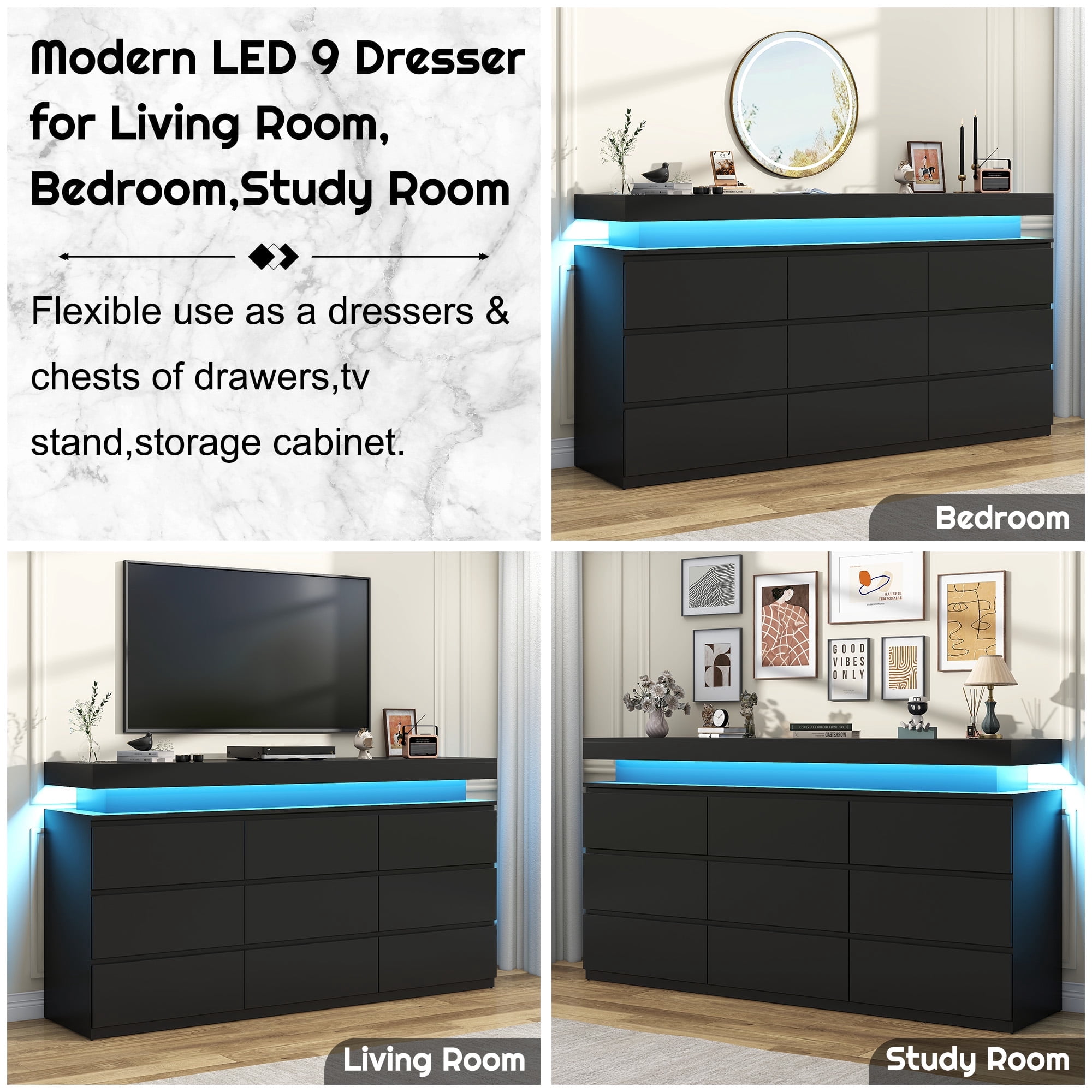 ChVans Black 9 Drawer Dresser with LED Lights, 63" Wide Modern Wood Chest of Drawers with Charging Station & Handle Free, LED Black Dresser for bedroom, Living Room, Entryway, Hallway